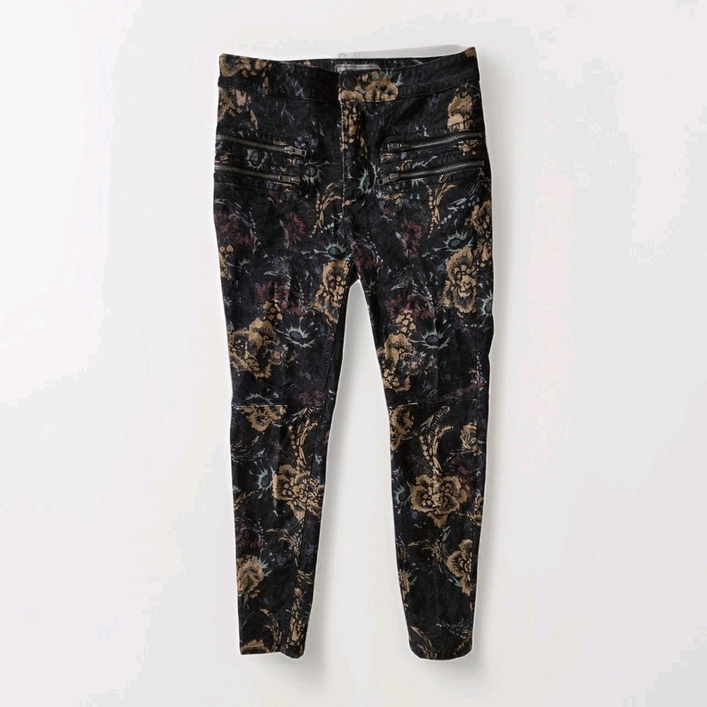 Free People Womens Floral Tapestry Moto Skinny Pants Black Gold Velvet Size 4